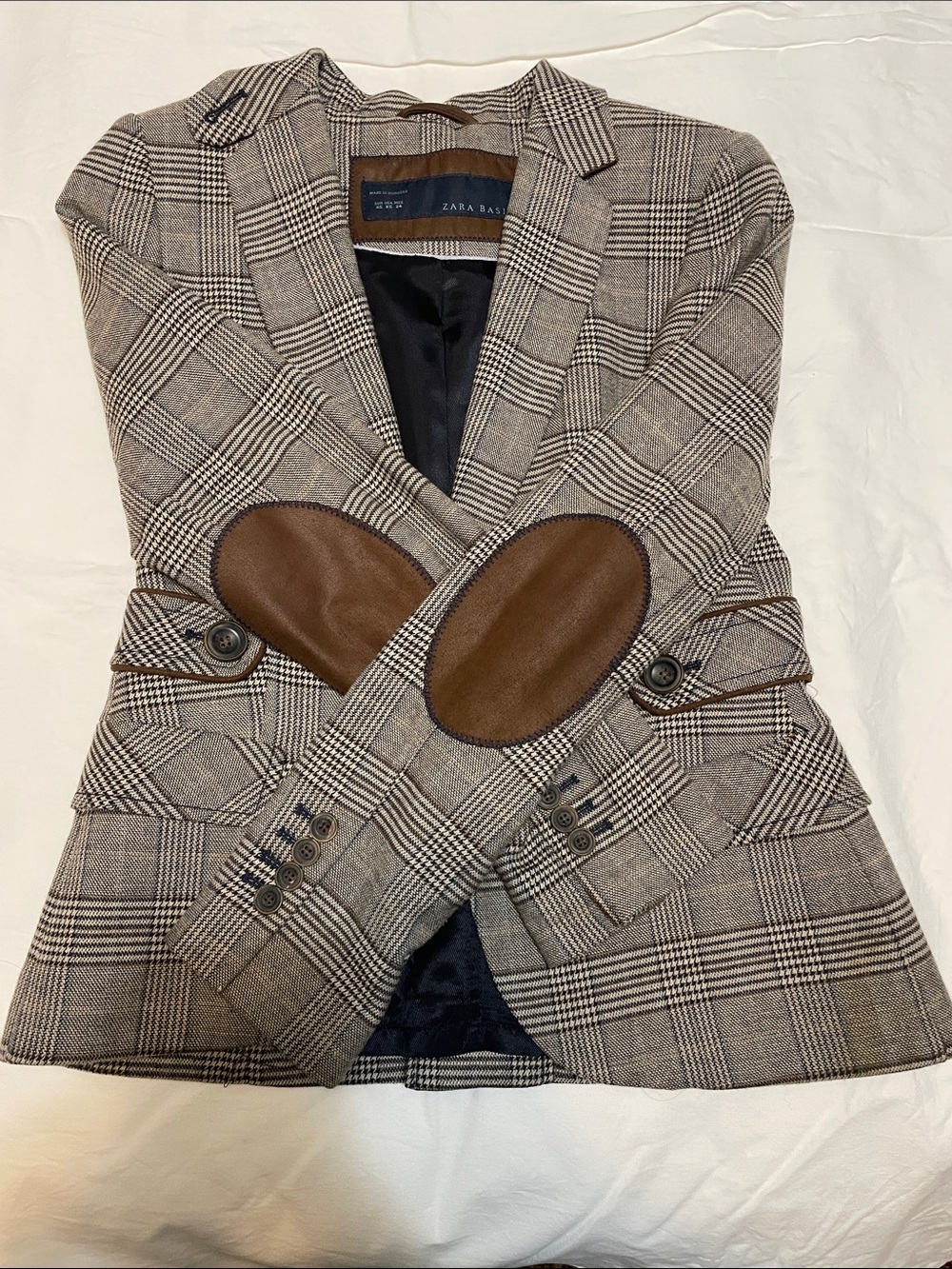 Zara Plaid Blazer with Brown Leather Elbow Patches